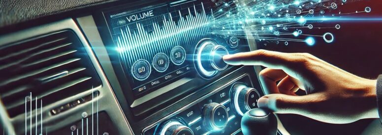 An image of the inside of a car dash with a person's hand adjusting the radio