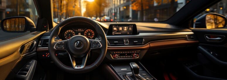 The inside of a car showing the dash and a view of a city through the windshield