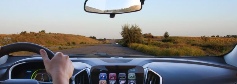 The view from inside a car of a drive in the country