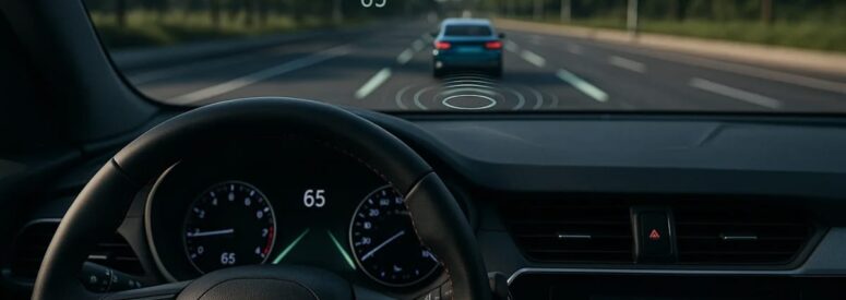 A car driving down a road with a car in front of it, around the vehicle are lines indicating the ADAS system