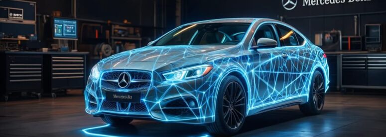 A mercedes in a garage with a futuristic system coating it