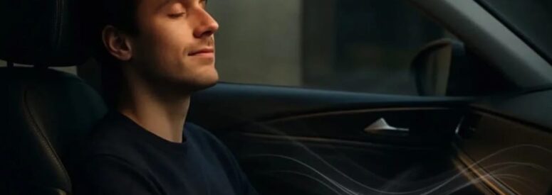 A man sitting inside a car whith his eyes closed listening to music with a smile on his face