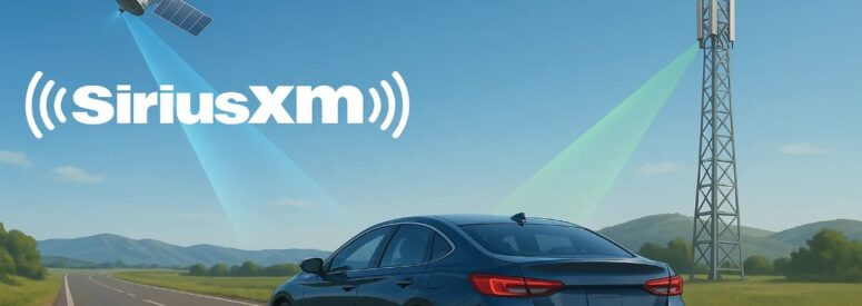 A satellite and radio tower sending waves to a vehicle on a road