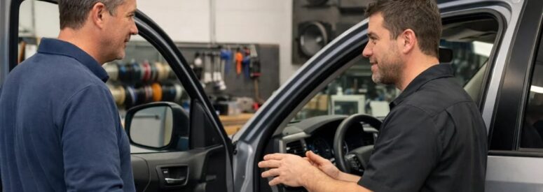 Two men speaking to each other about a car