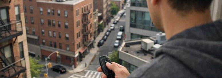 A man in an apartment looking down at a street pointing his remote starter down at the street